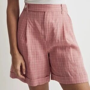 Madewell Shorts Plaid‎ High Waist Pleated Cuffed Pink 100% Linen Size 4